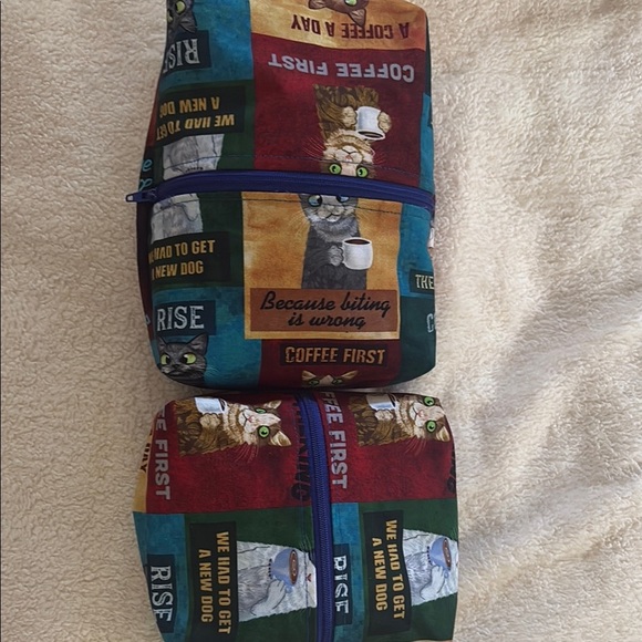 Mommajsews Handbags - Hand Crafted Bundle of 2 Colorful Cat Print Cosmetic Bags